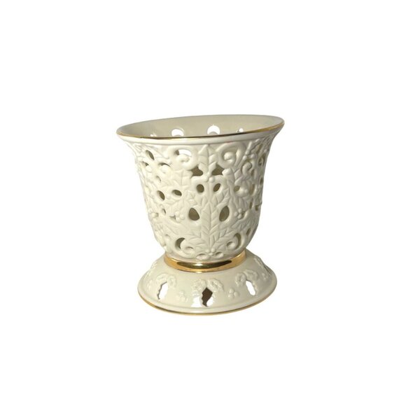 Lenox Ceramic Candle Holder With Gold Accents Floral Cutout Design 4.5" H VNT - Picture 1 of 5